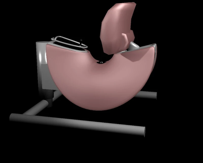 Une maquette numérique d'un modèle de machine à baiser. Piétement en U, levée de l'ensemble par un degré de liberté supplémentaire du piétement, arceau de maintien autour du joystick et de l'écran tactile.